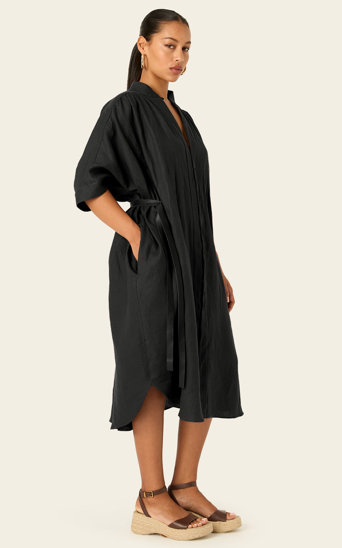 petite black linen dress Black Linen Look Button Down Dropped Waist Maxi Dress