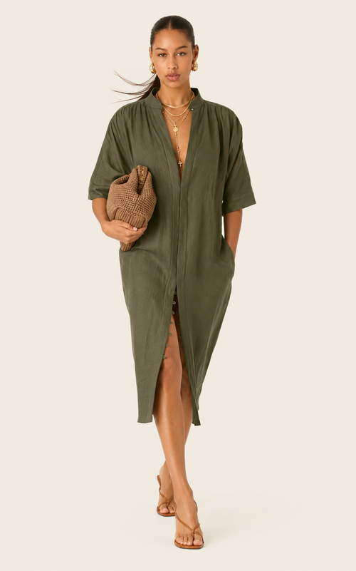 The Multiwear Shirt Dress - Oliva Verte Linen, Petite