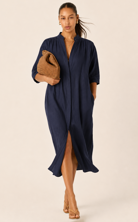The Multiwear Shirt Dress - Night Sea Linen Midi