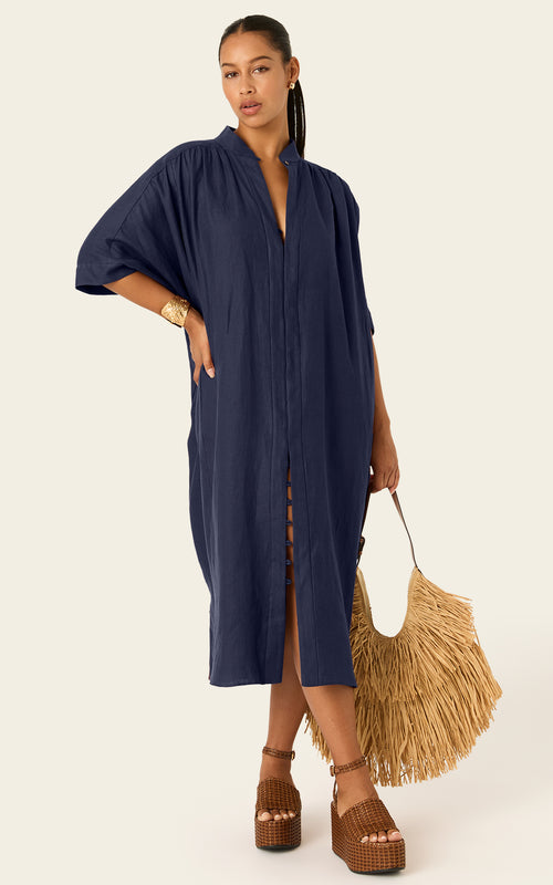 The Multiwear Shirt Dress - Night Sea Linen Midi