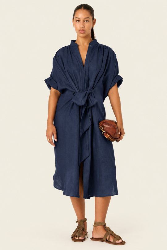 The Multiwear Shirt Dress - Night Sea Linen Midi