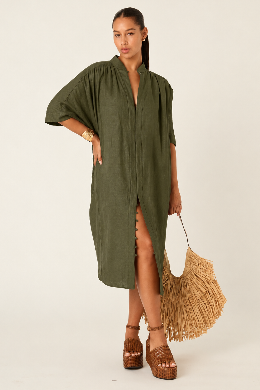 The Multiwear Shirt Dress - Oliva Verte Linen, Petite