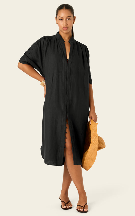 The Mulitwear Shirt Dress Black Linen Petite