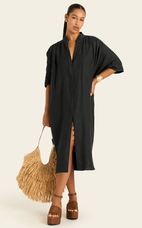 The Multiwear Shirt Dress - Black Linen Petite
