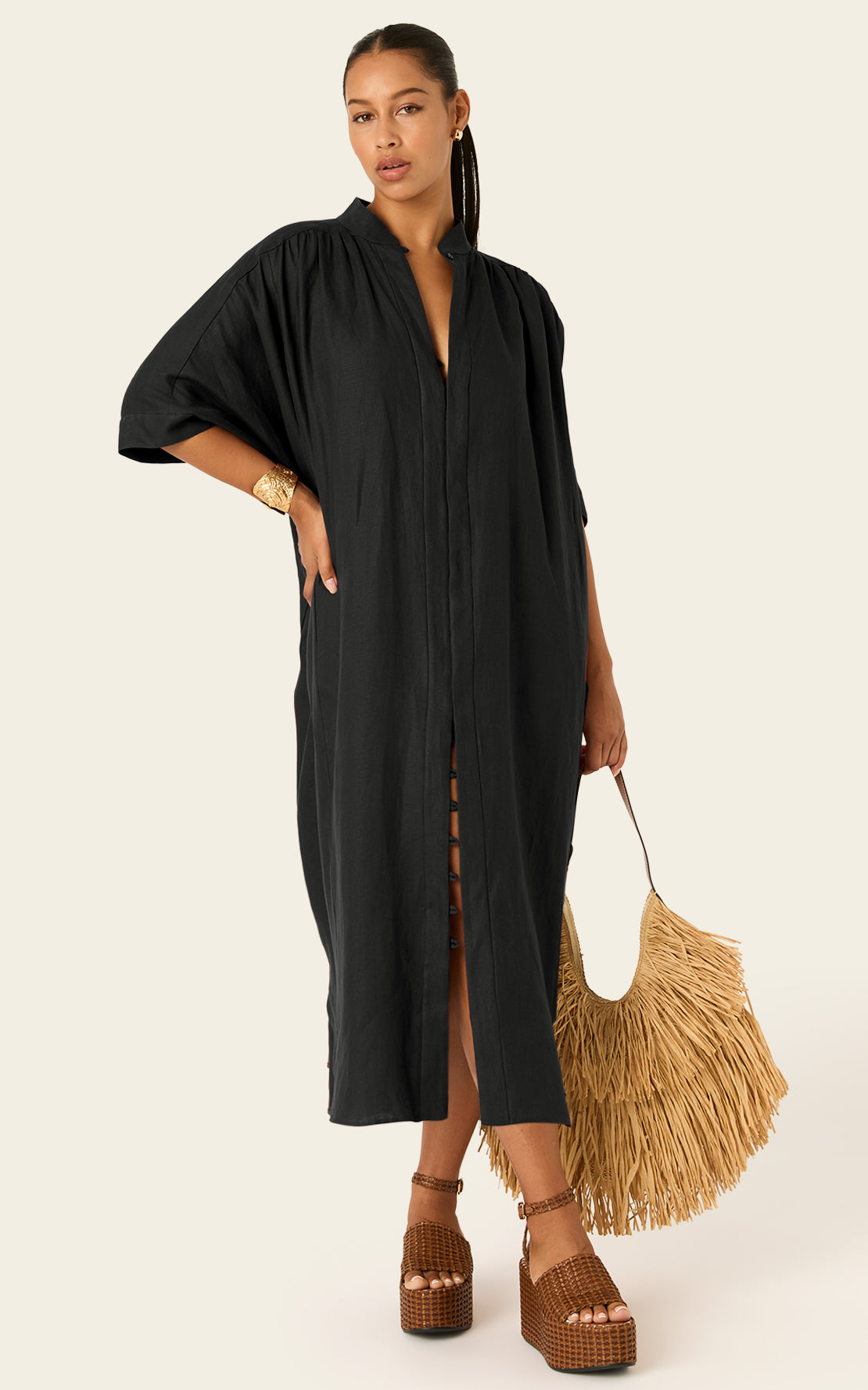 The Mulitwear Shirt Dress Black Linen Midi
