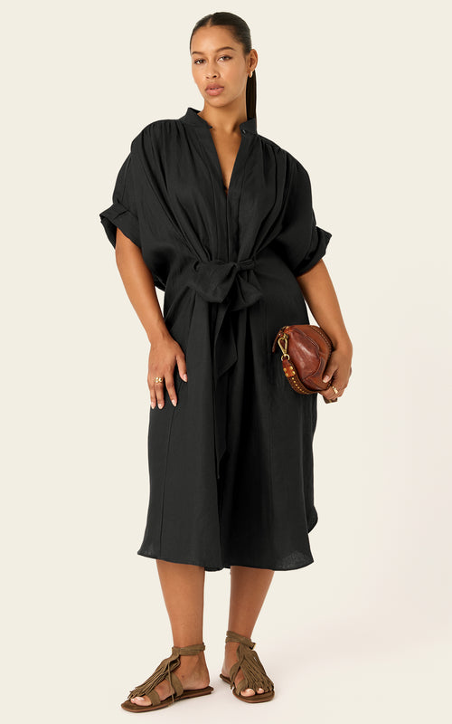 The Mulitwear Shirt Dress - Black Linen Midi