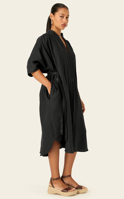The Multiwear Shirt Dress - Black Linen Petite