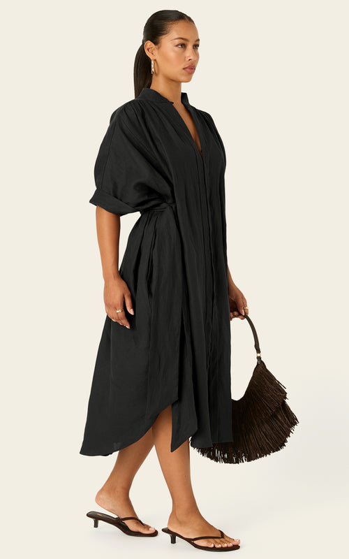 The Mulitwear Shirt Dress - Black Linen Midi