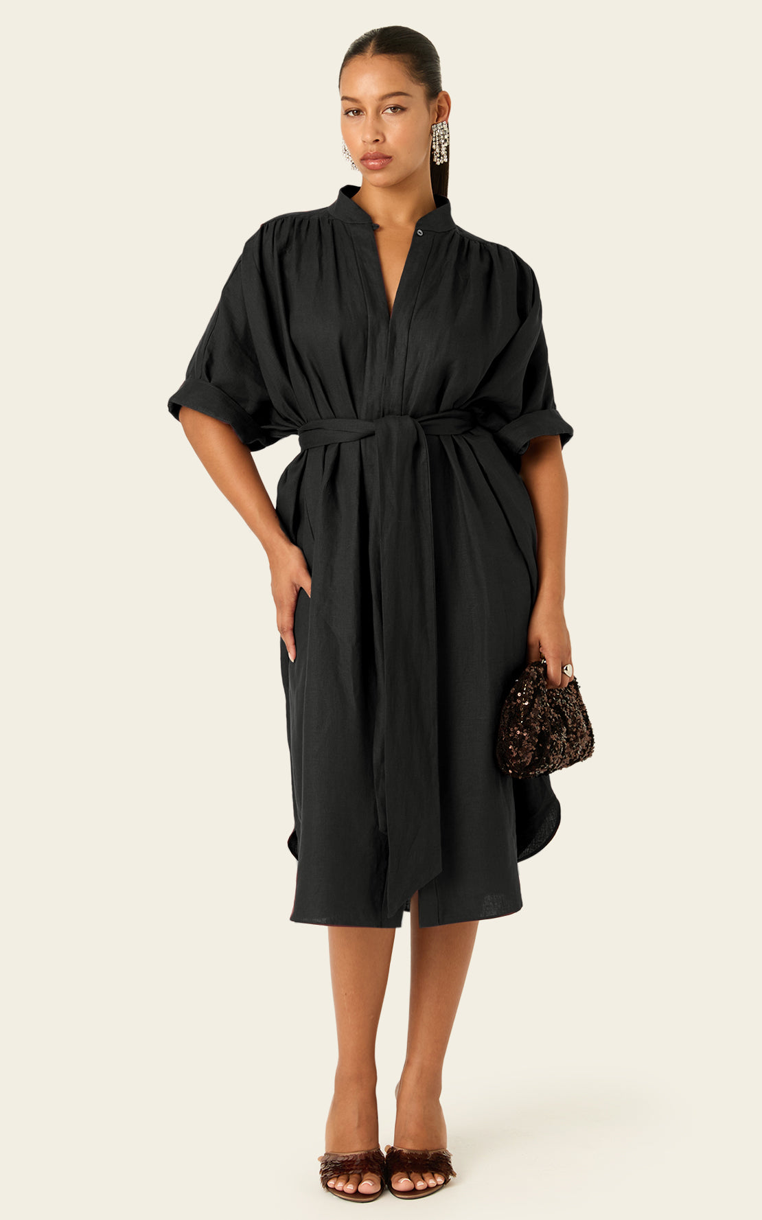 petite black shirt dress Black Cotton Poplin Fit and Flare Short Button-Down Shirt Dress 42" / Tall (5'7" and above)
