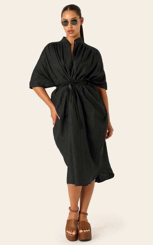 The Mulitwear Shirt Dress - Black Linen Petite