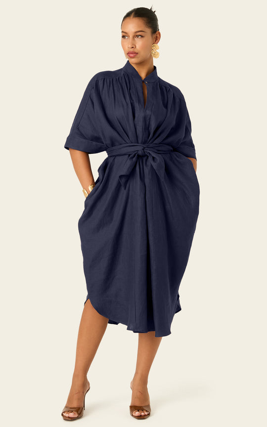 The Multiwear Shirt Dress - Night Sea Linen Midi