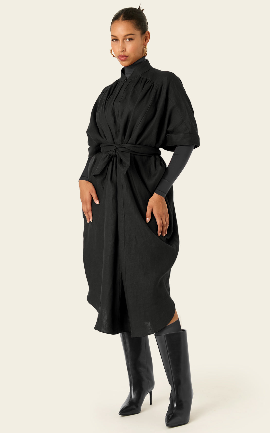 linen shirt dress black Black Linen Midi Shirt Dress with Short Sleeves
