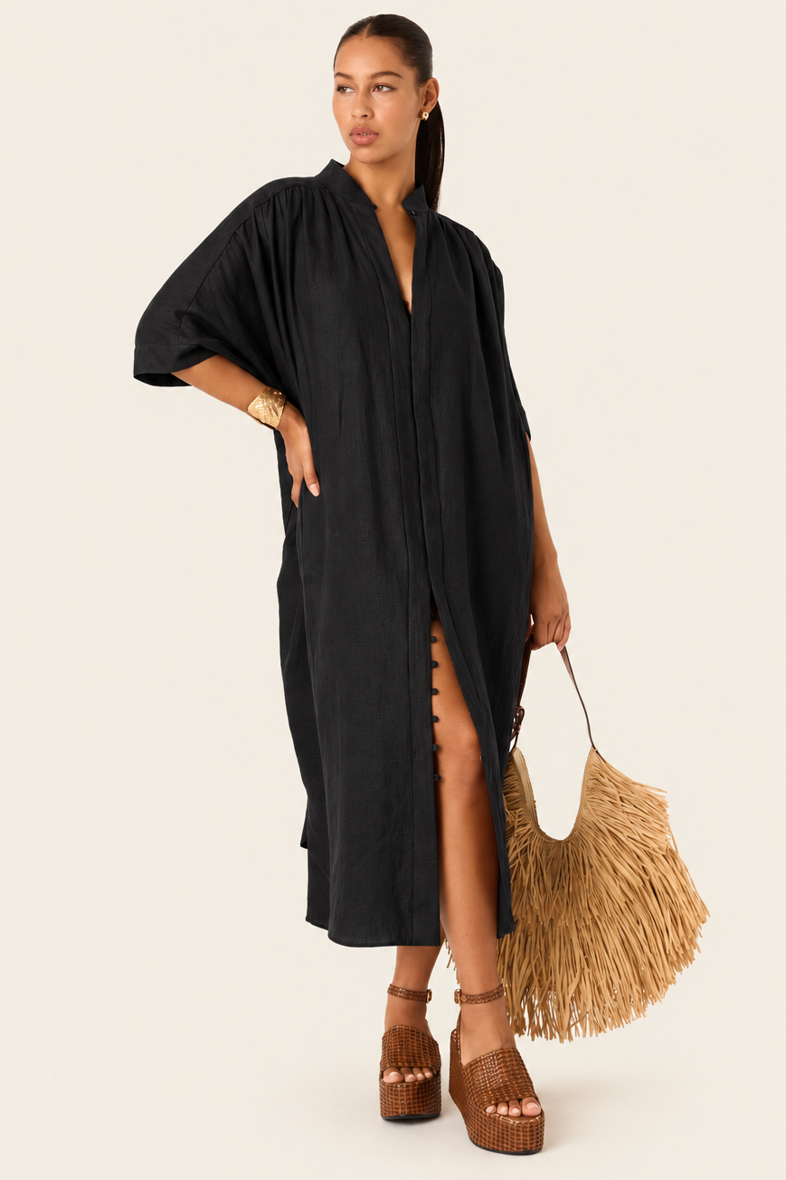The Multiwear Shirt Dress - Black Linen Midi