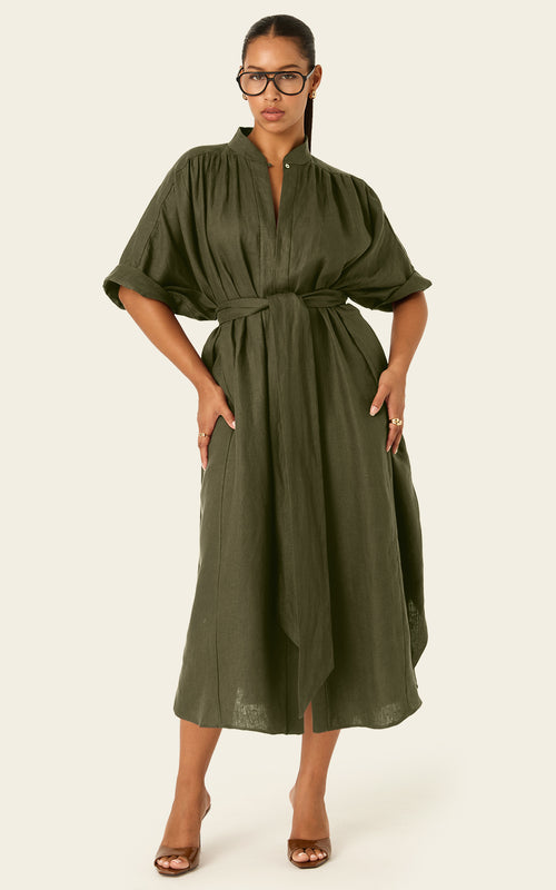 The Multiwear Shirt Dress - Oliva Verte Linen, Grande