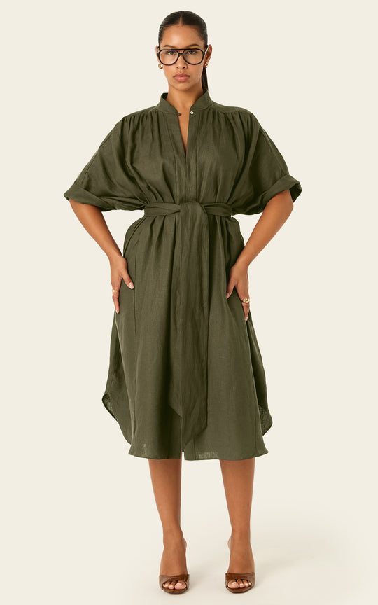 The Multiwear Shirt Dress - Oliva Verte Linen, Petite