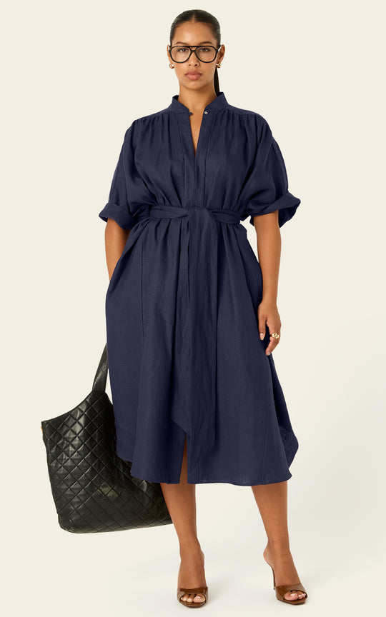 The Multiwear Shirt Dress - Night Sea Linen Midi