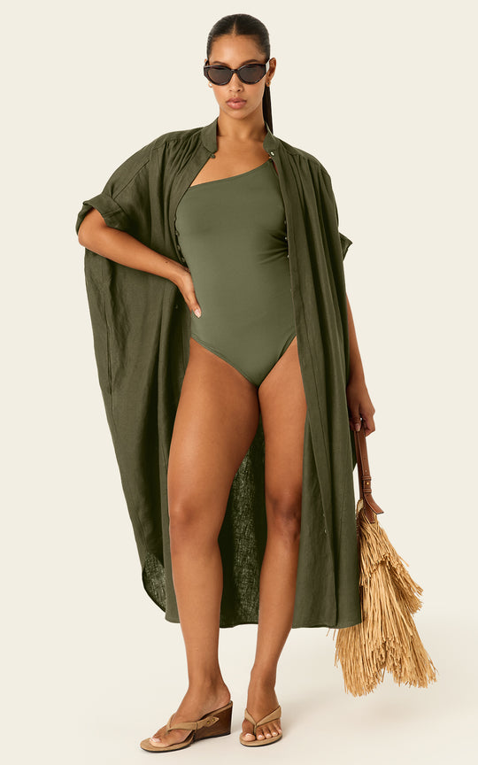 The Multiwear Shirt Dress - Oliva Verte Linen, Grande
