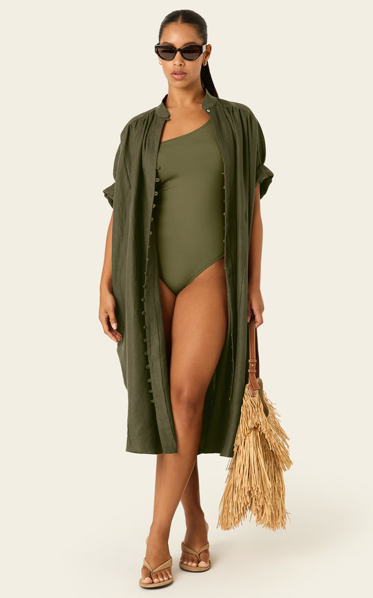 The Multiwear Shirt Dress - Oliva Verte Linen, Petite