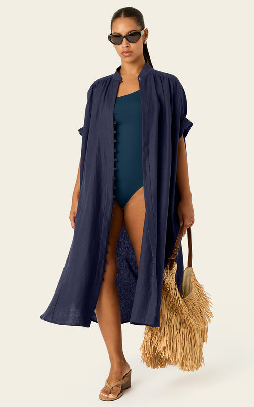 The Multiwear Shirt Dress - Night Sea Linen Midi