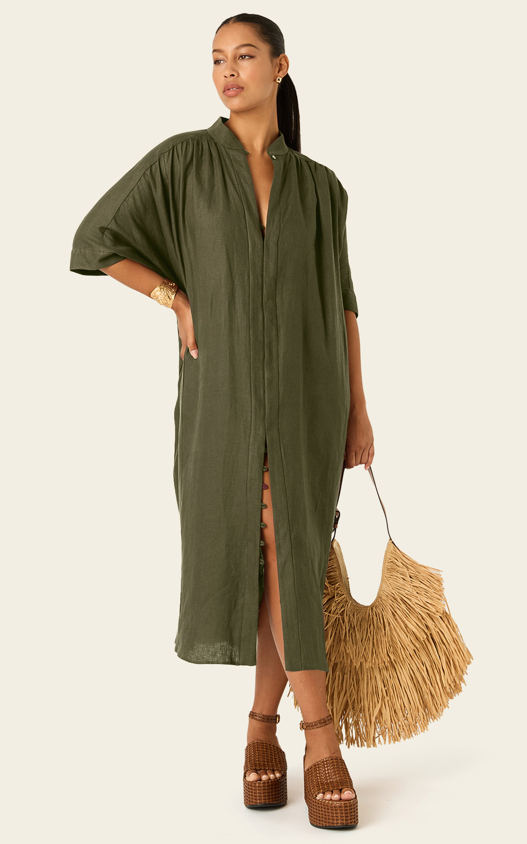 The Multiwear Shirt Dress - Oliva Verte Linen, Grande