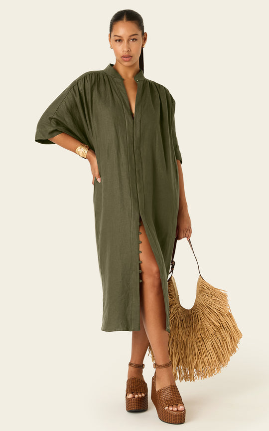 The Multiwear Shirt Dress - Oliva Verte Linen, Midi