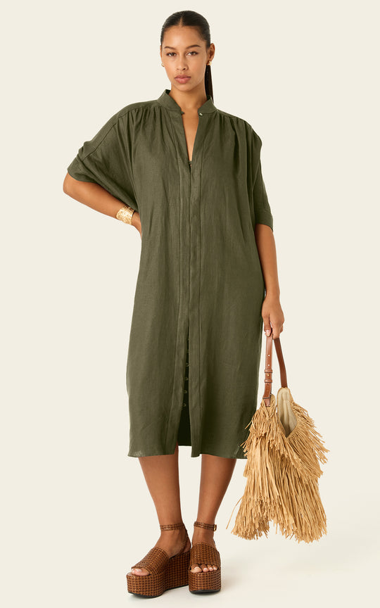 The Multiwear Shirt Dress - Oliva Verte Linen, Petite