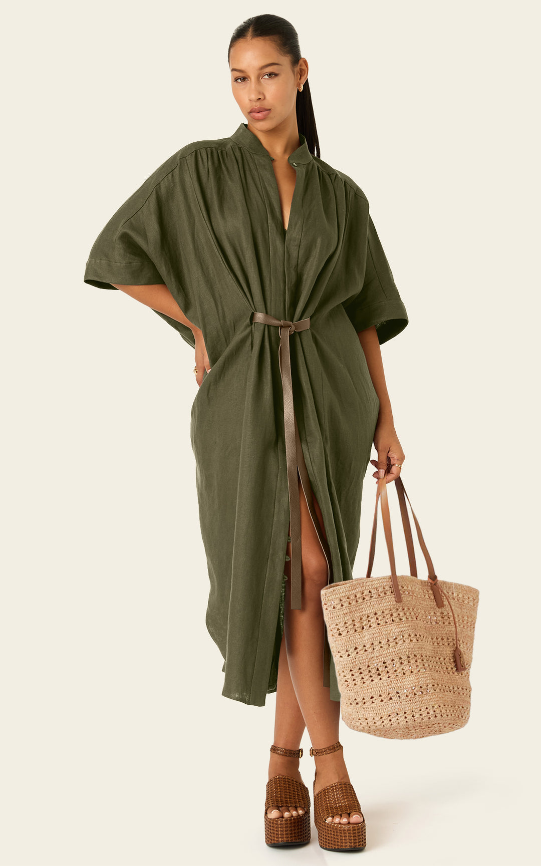 The Multiwear Shirt Dress - Oliva Verte Linen, Grande