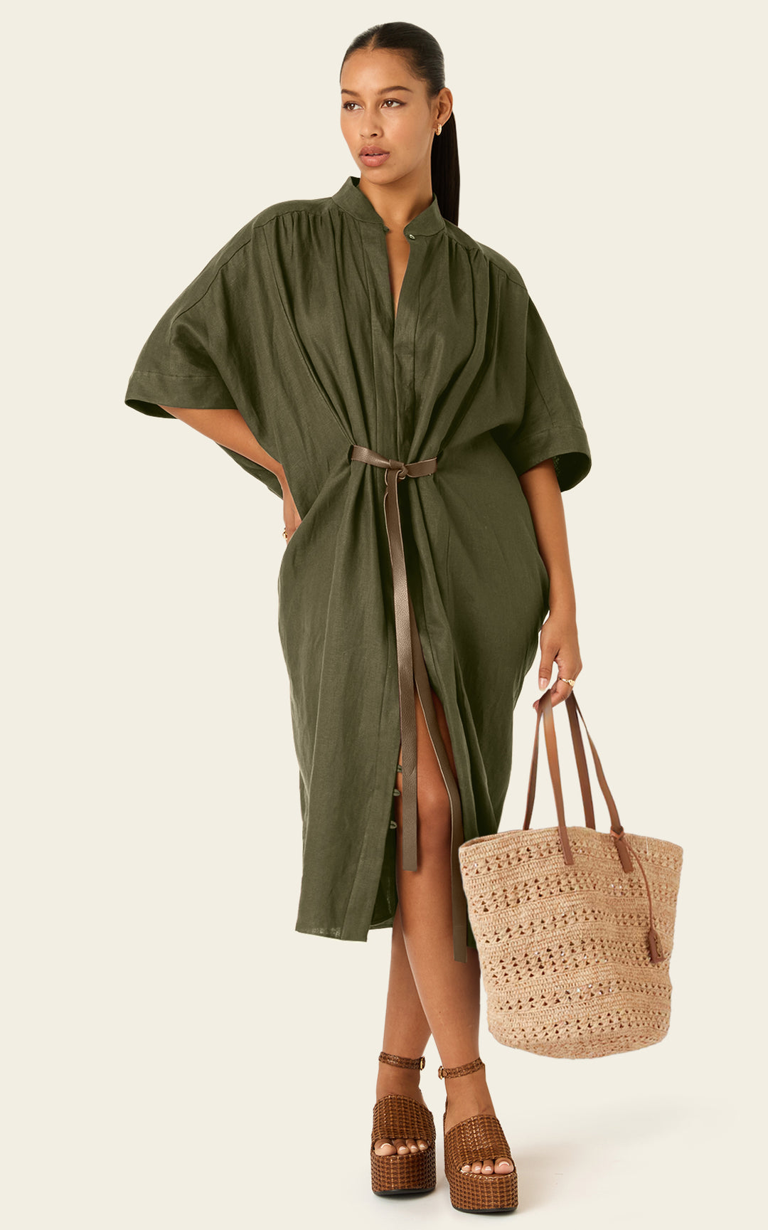 The Multiwear Shirt Dress - Oliva Verte Linen, Petite