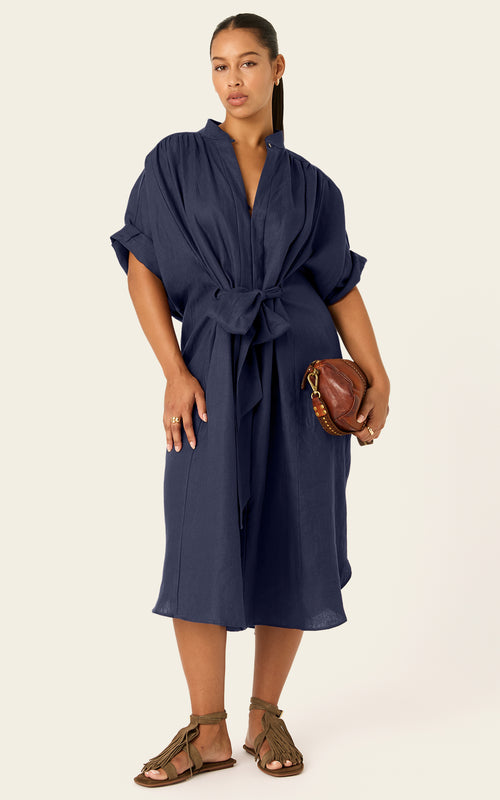 The Multiwear Shirt Dress - Night Sea Linen Midi