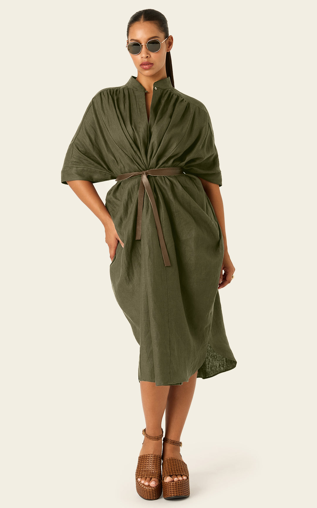 The Multiwear Shirt Dress - Oliva Verte Linen, Petite